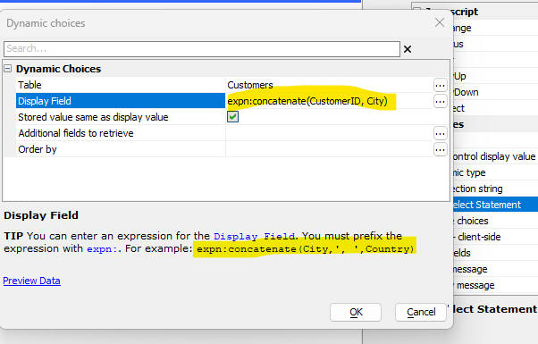 The Display field property showing the expn: prefix.